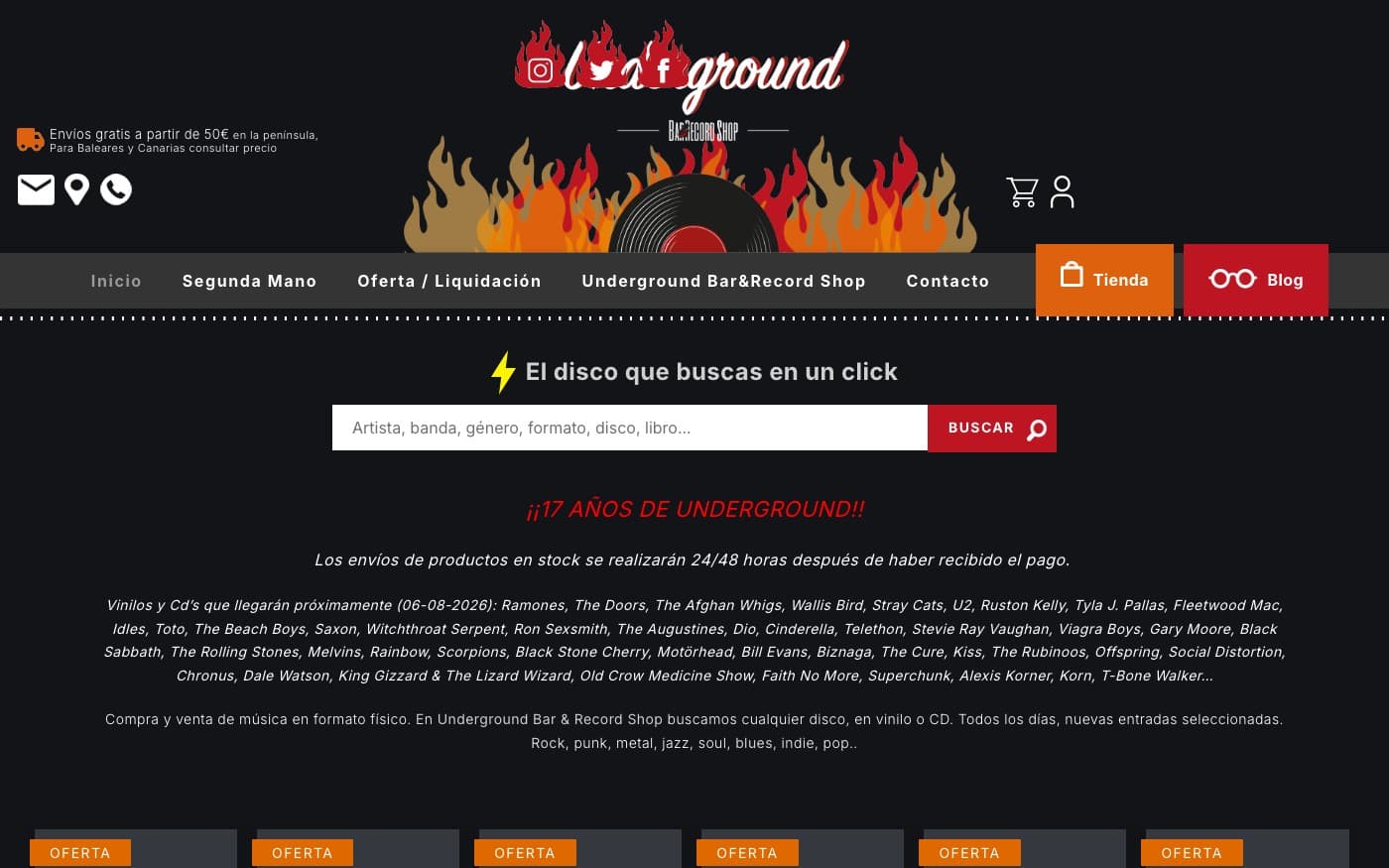 Captura limpia de la home oficial de Underground Record Shop.