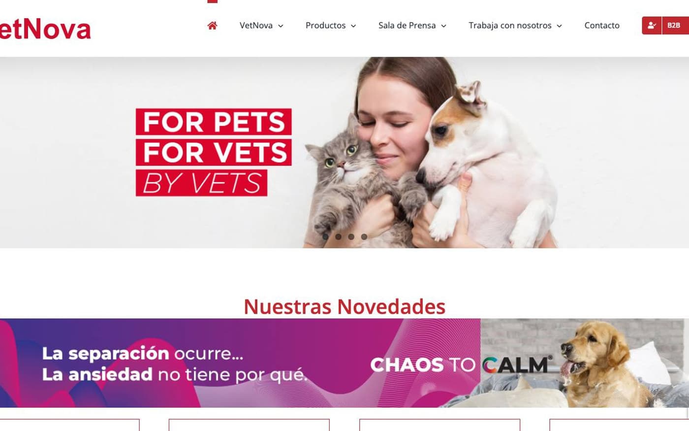 Captura de la home oficial de VetNova incluida en la guía de salud animal.