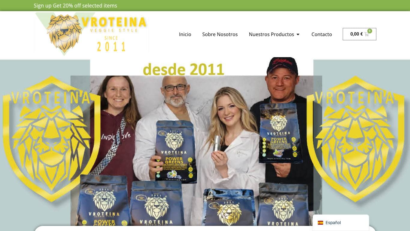 Captura de la home de VROTEINA, tienda de suplementos veganos.