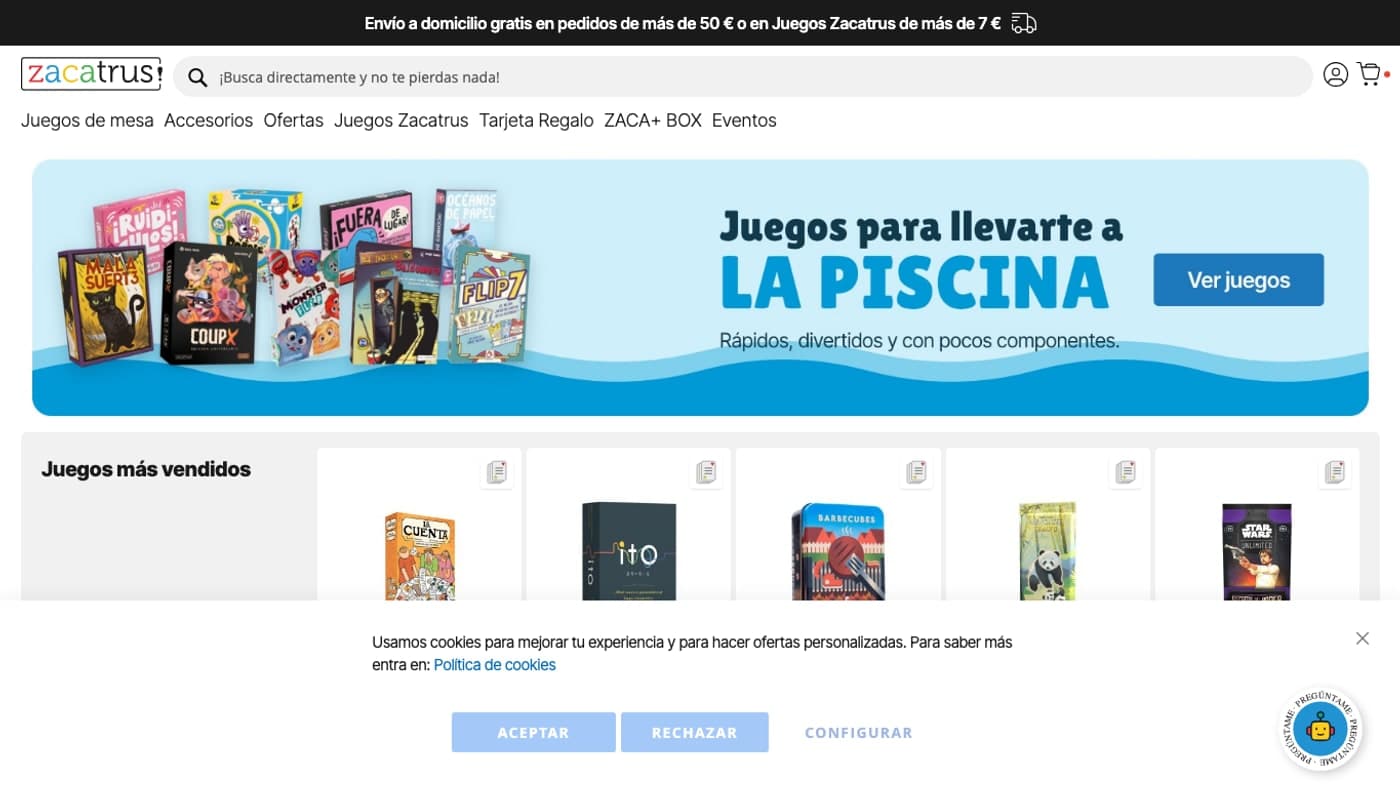 Captura de la home de Zacatrus, tienda de juegos de mesa.