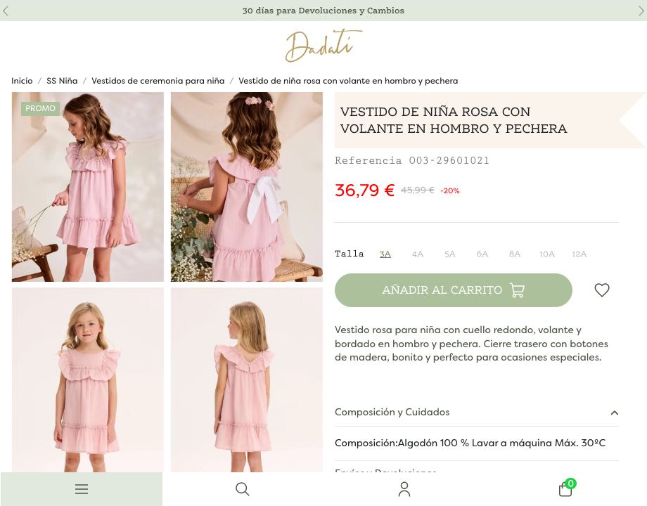 Vestido de niña rosa con volante en hombro y pechera