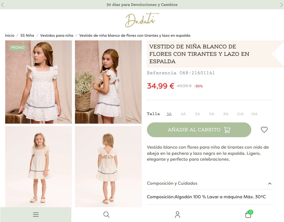 Vestido de niña blanco de flores con tirantes y lazo en espalda