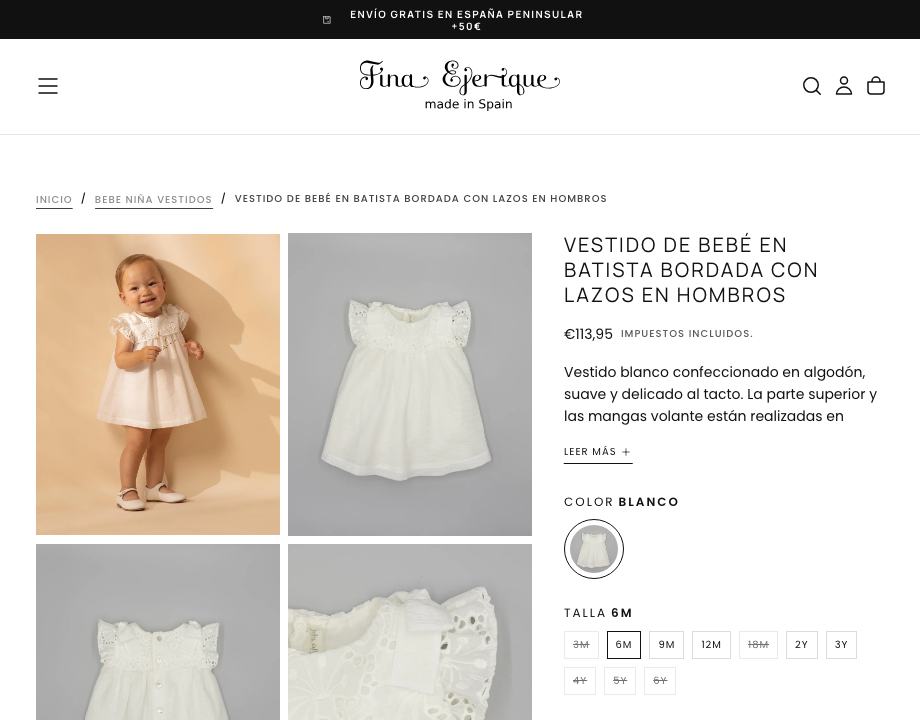 Vestido de bebé en batista bordada con lazos en hombros