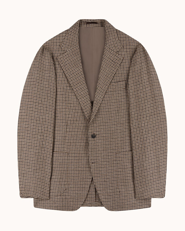 Sport Jacket Tan Brown Houndstooth Wool Linen Silk