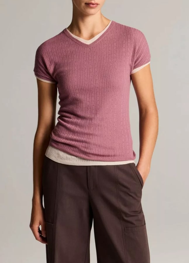 Pointelle Wool Short-Sleeve Sweater