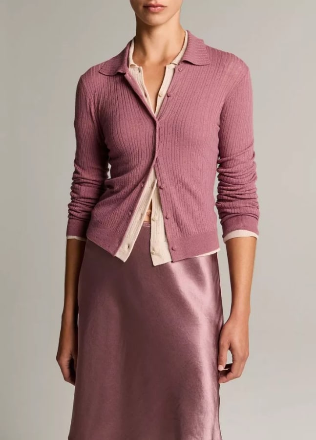 Pointelle Wool Collared Cardigan