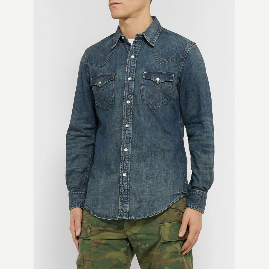 Slim Fit Studded Denim Western Shirt
