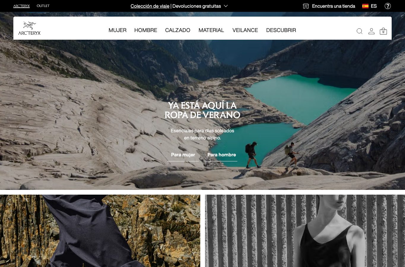 Captura real de la home de Arc'teryx