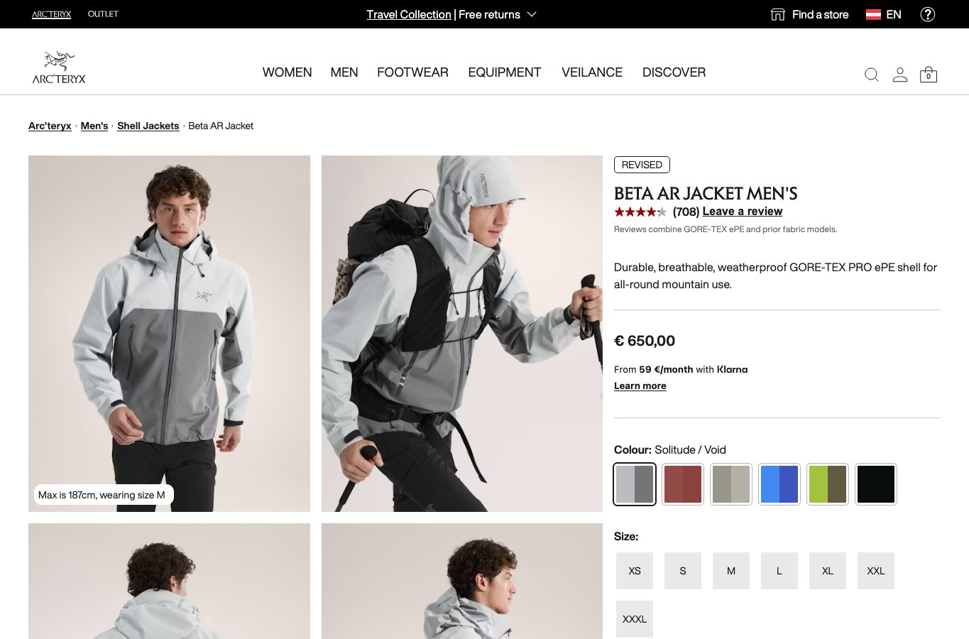 Captura real de una ficha de producto de Arc'teryx
