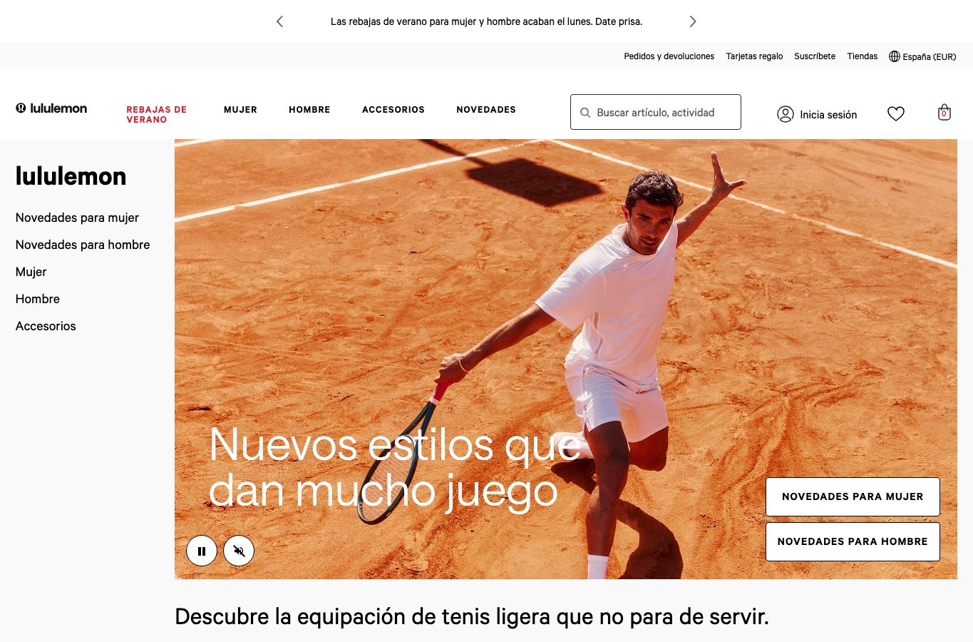 Inicio de la tienda online lululemon