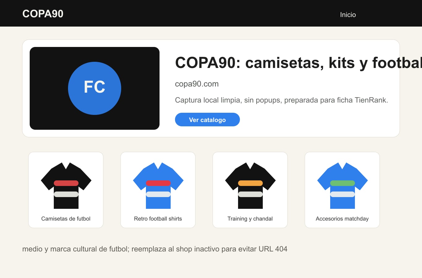 Inicio de la tienda online COPA90