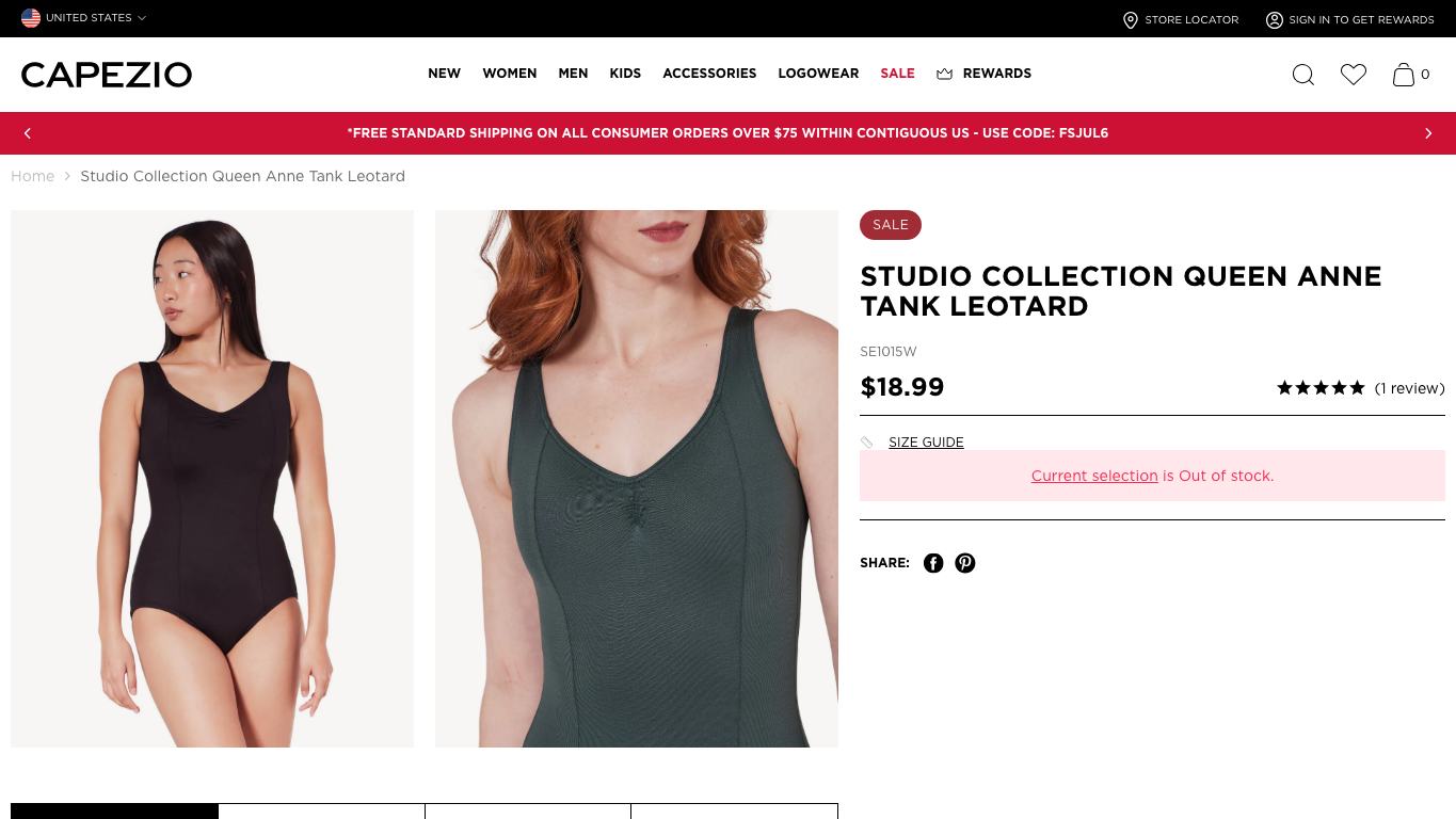 Captura real de una ficha de producto de Capezio