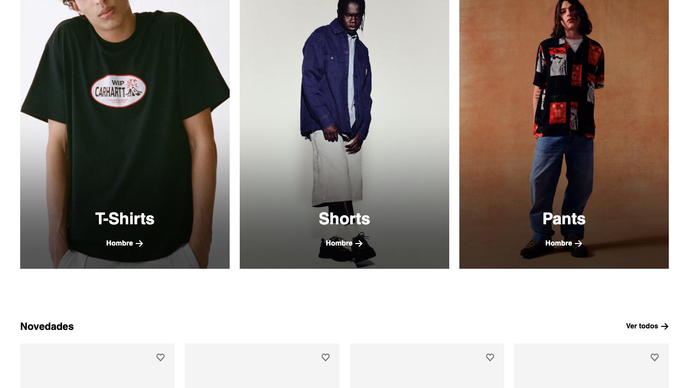 Captura real de la zona media de la home de Carhartt WIP