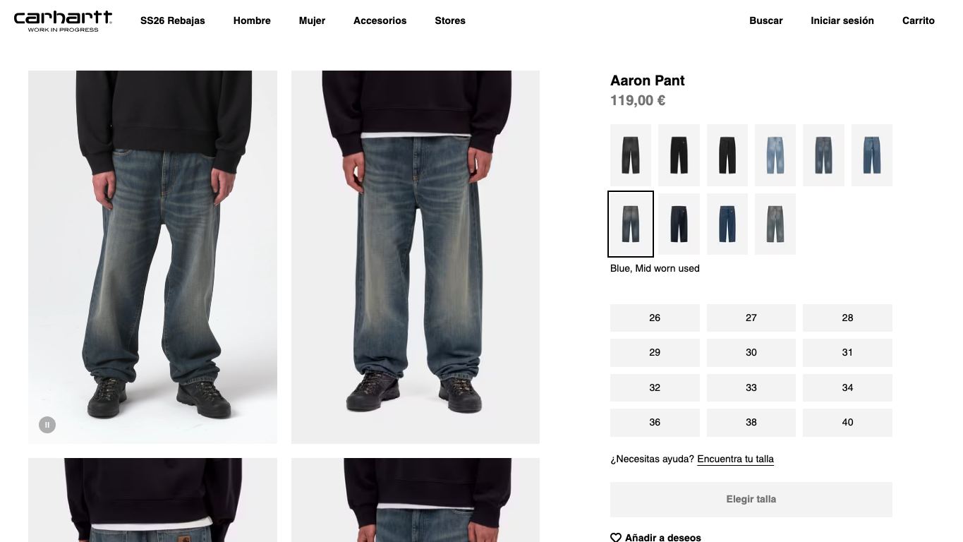 Captura real de una ficha de producto de Carhartt WIP