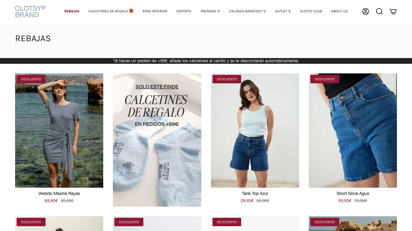 Captura real de la zona media de la home de Clotsy Brand
