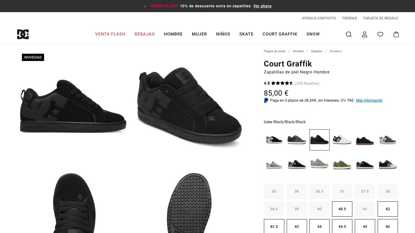 Captura real de una ficha de producto de DC Shoes