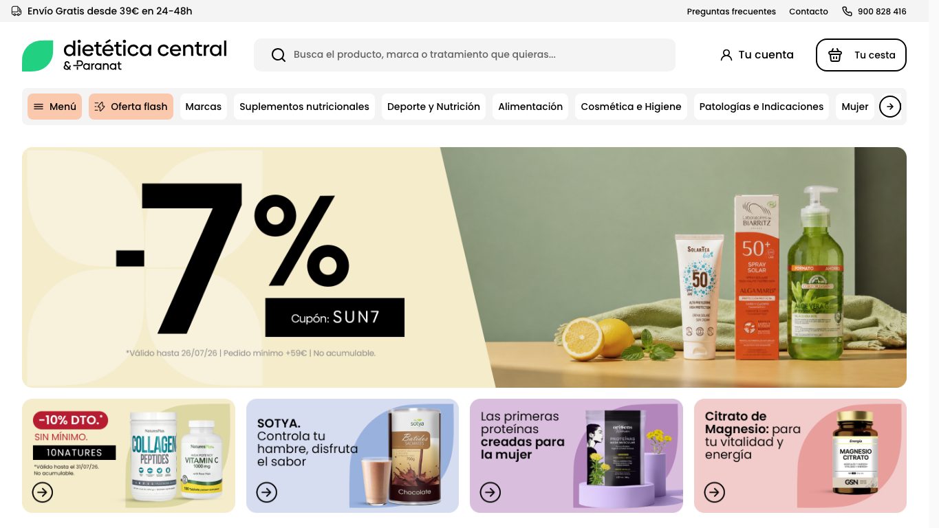 Captura de pantalla de la home de Dietética Central