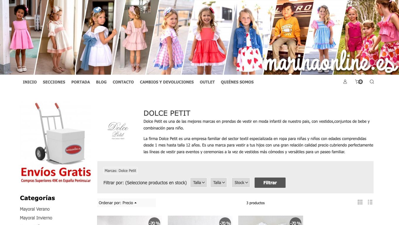 Captura real de la home de Dolce Petit