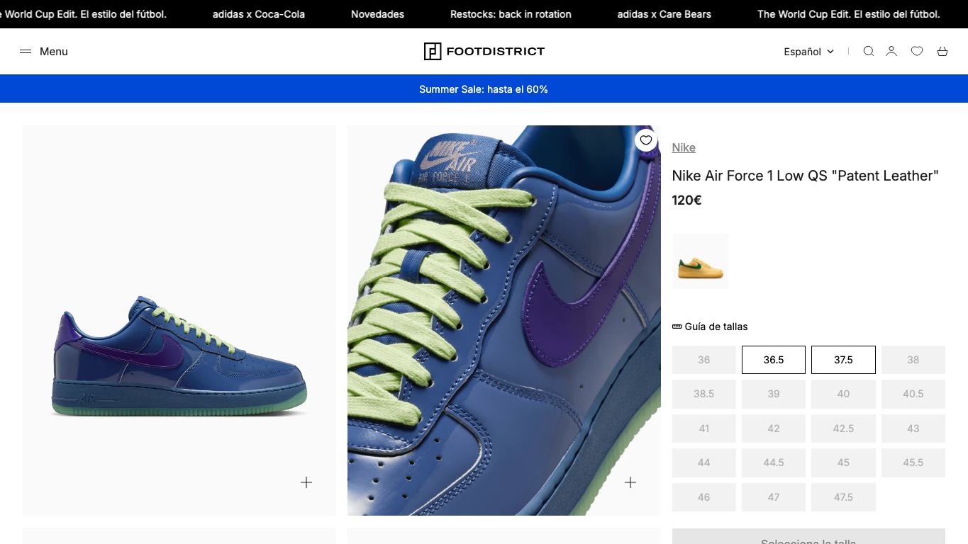 Captura real de una ficha de producto de Footdistrict