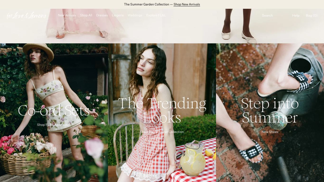 Captura real de la zona media de la home de For Love & Lemons
