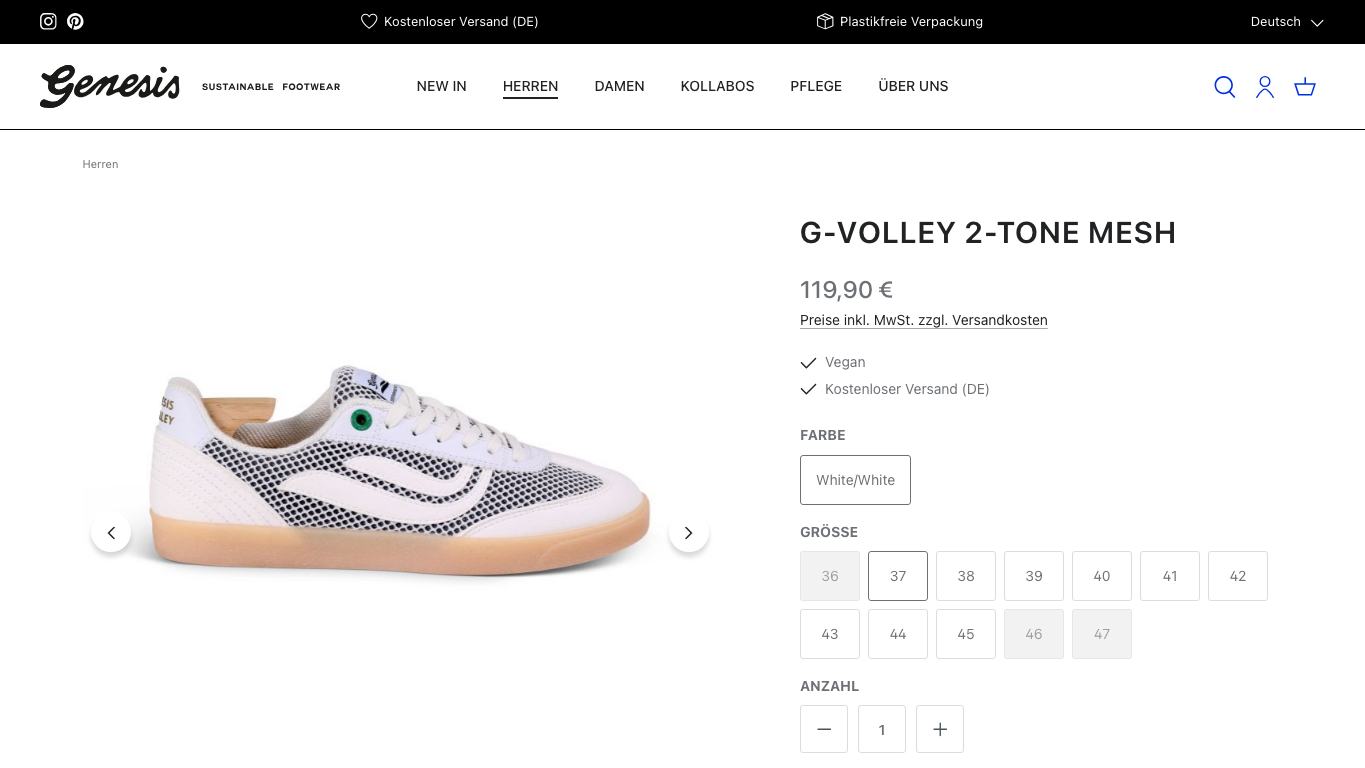 Captura real de una ficha de producto de Genesis Footwear