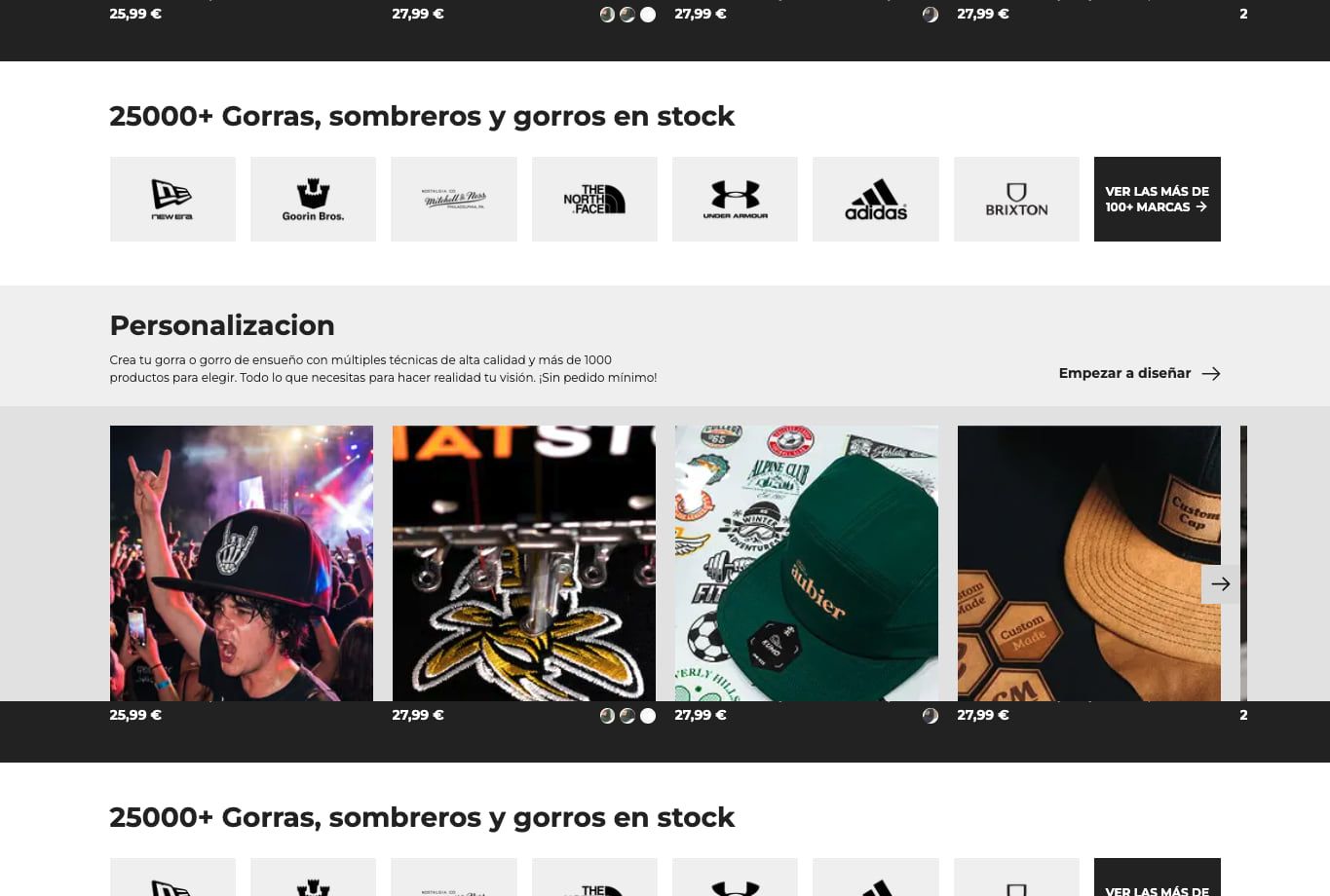 Zona intermedia del catálogo online de Hatstore