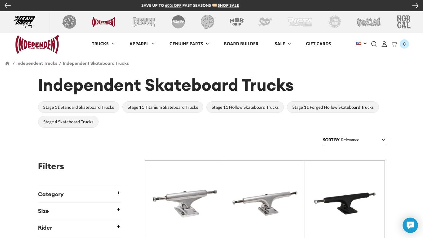 Captura real de la home de Independent Trucks