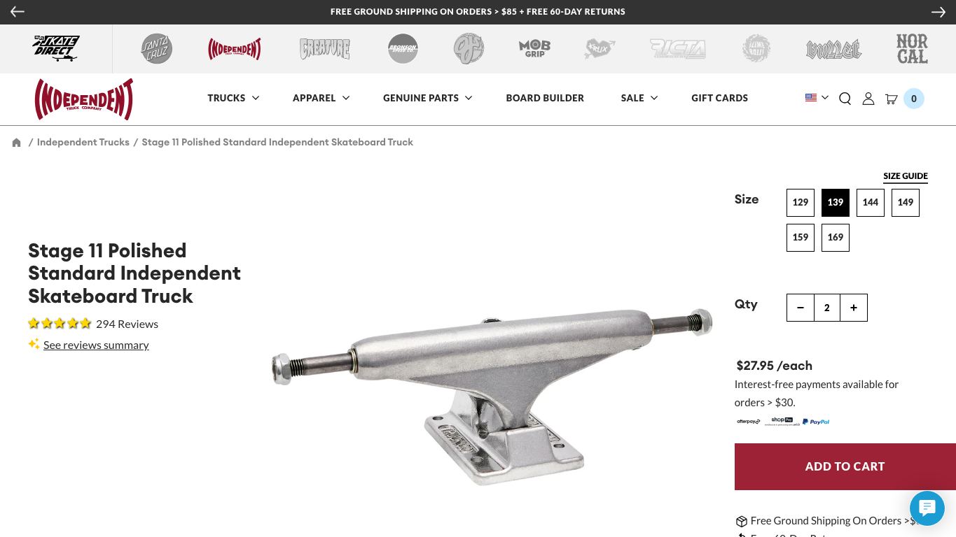 Captura real de una ficha de producto de Independent Trucks