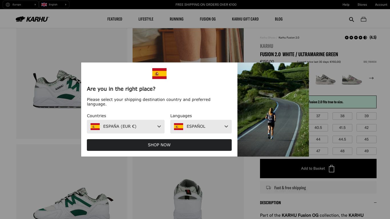 Captura real de una ficha de producto de Karhu