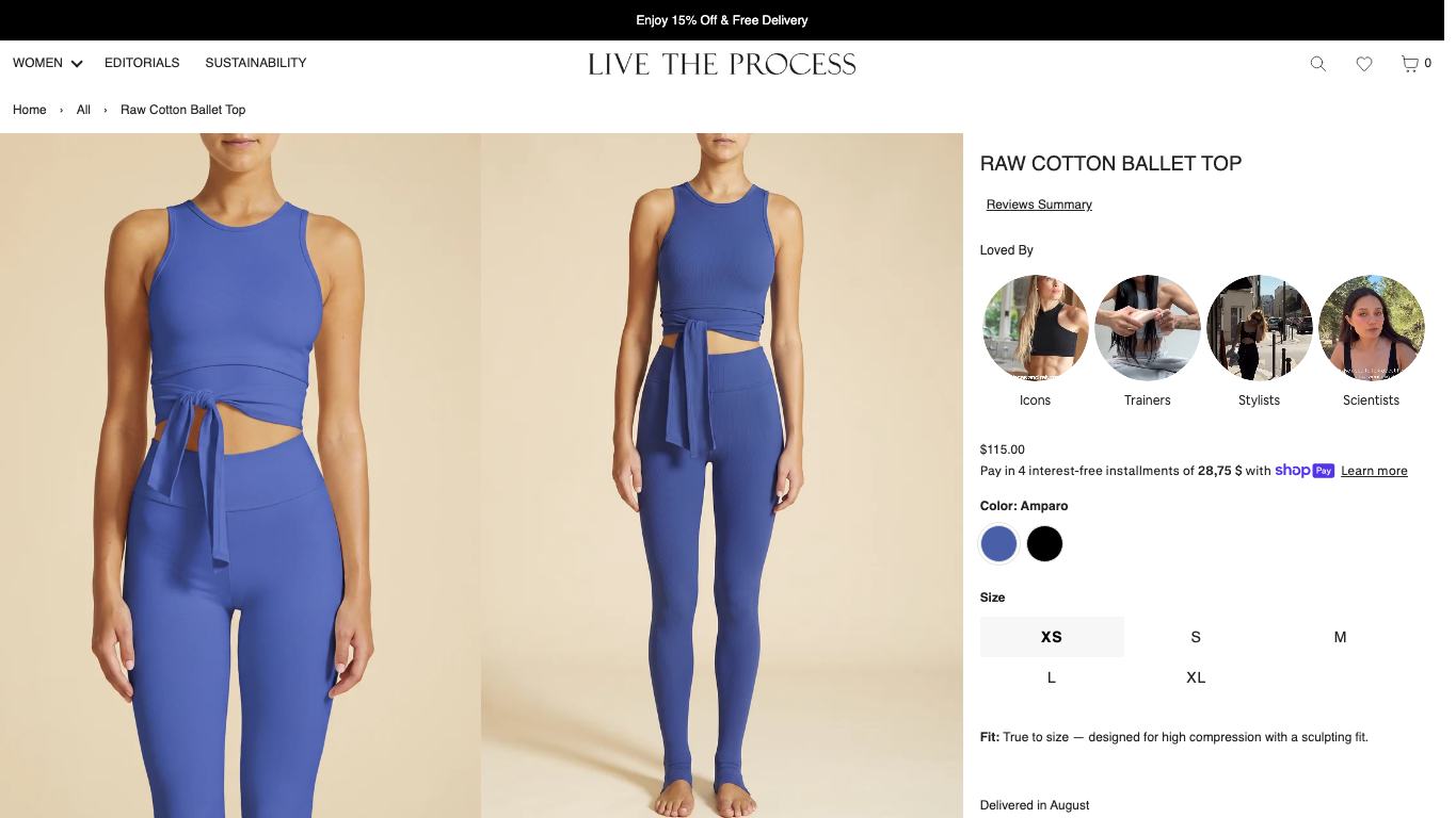 Captura real de una ficha de producto de Live The Process