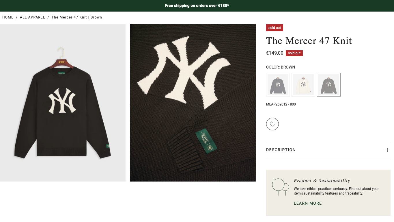 Captura real de una ficha de producto de Mercer Amsterdam