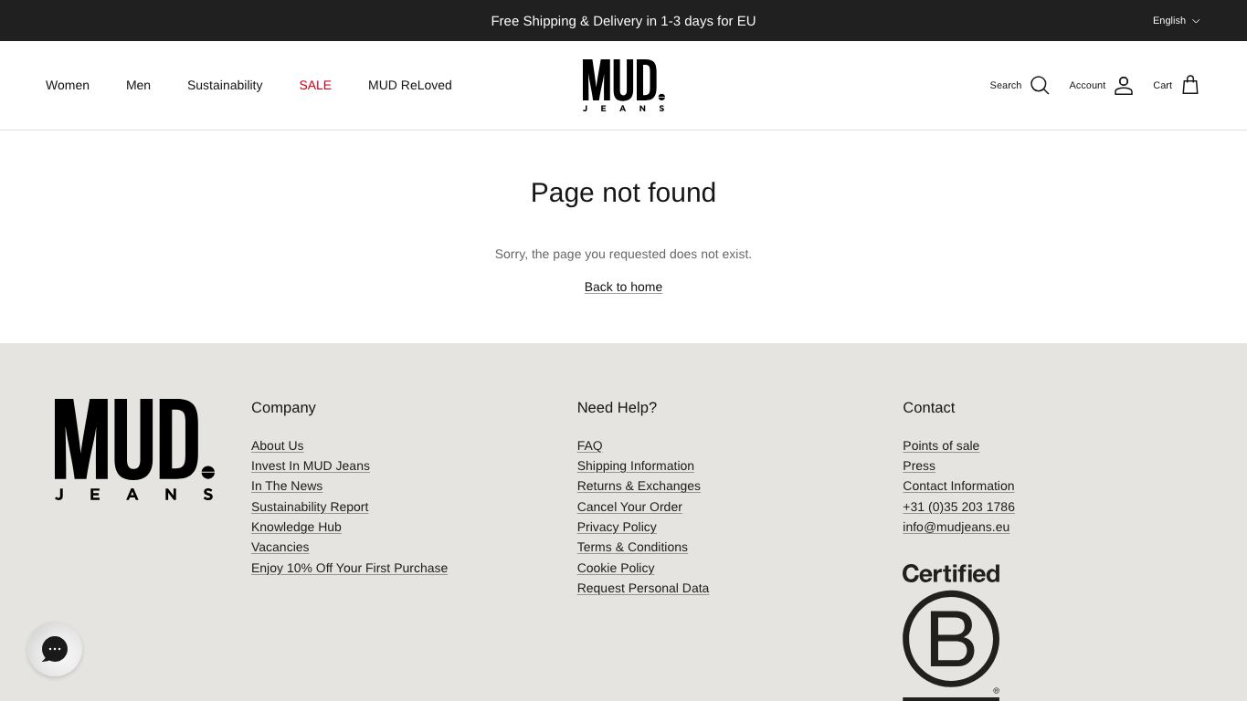 Captura real de una ficha de producto de Mud Jeans