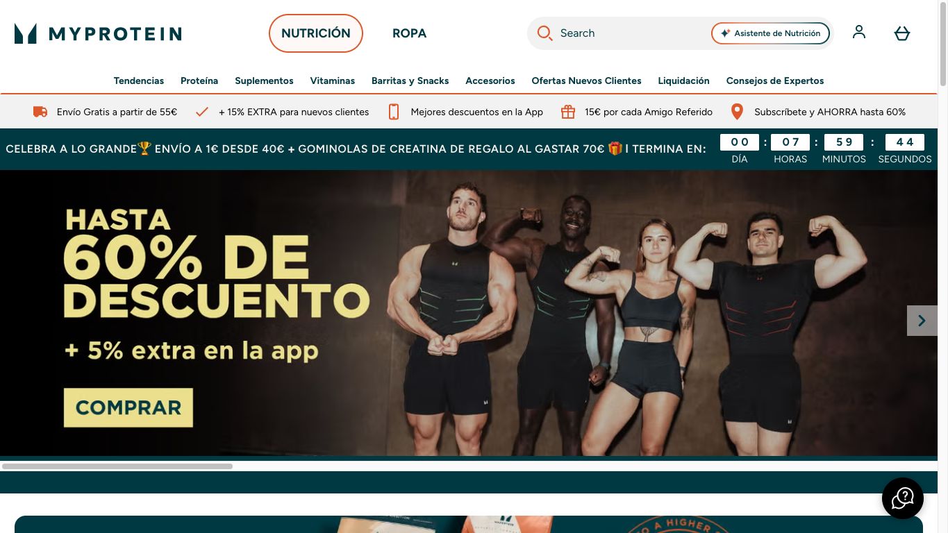 Captura de pantalla de la home de Myprotein