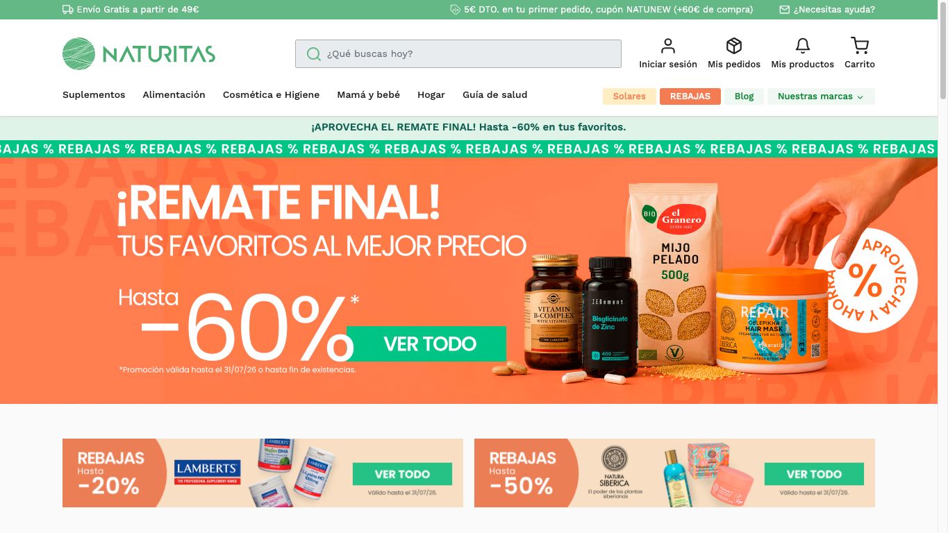 Captura de pantalla de la home de Naturitas
