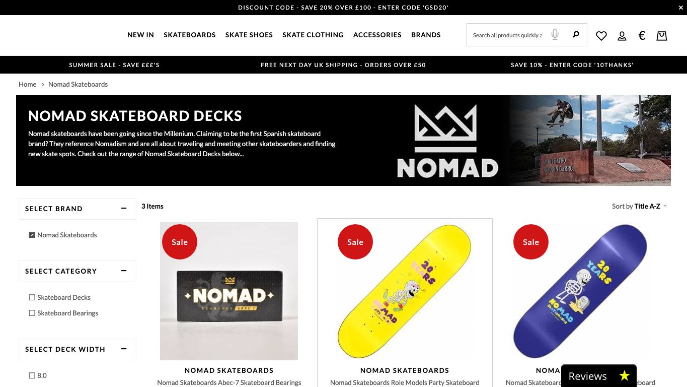 Captura real de la home de Nomad Skateboards
