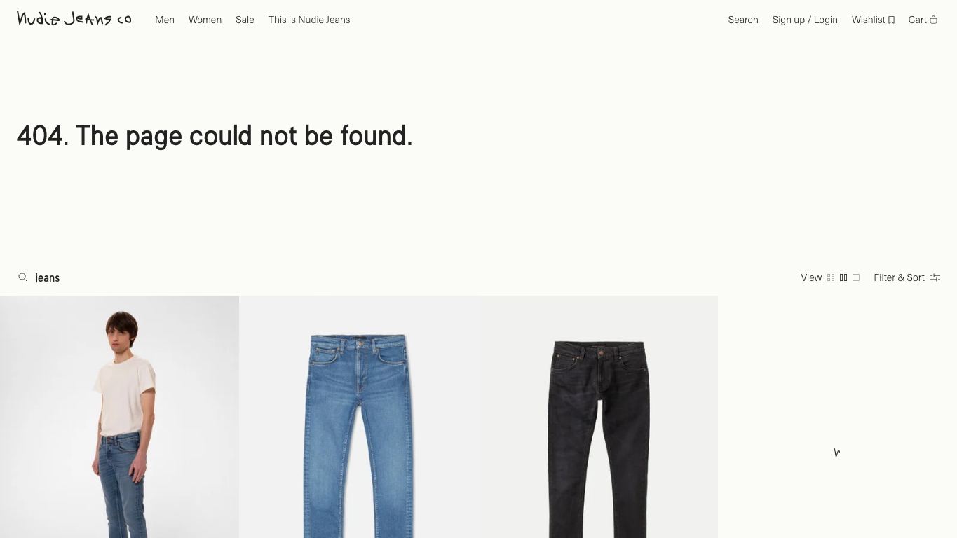 Captura real de la zona media de la home de Nudie Jeans