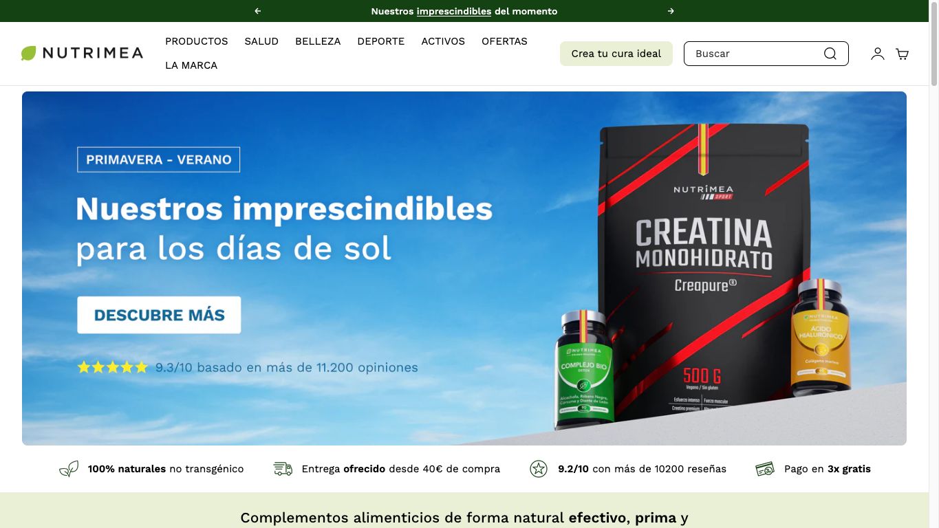 Captura de pantalla de la home de Nutrimea