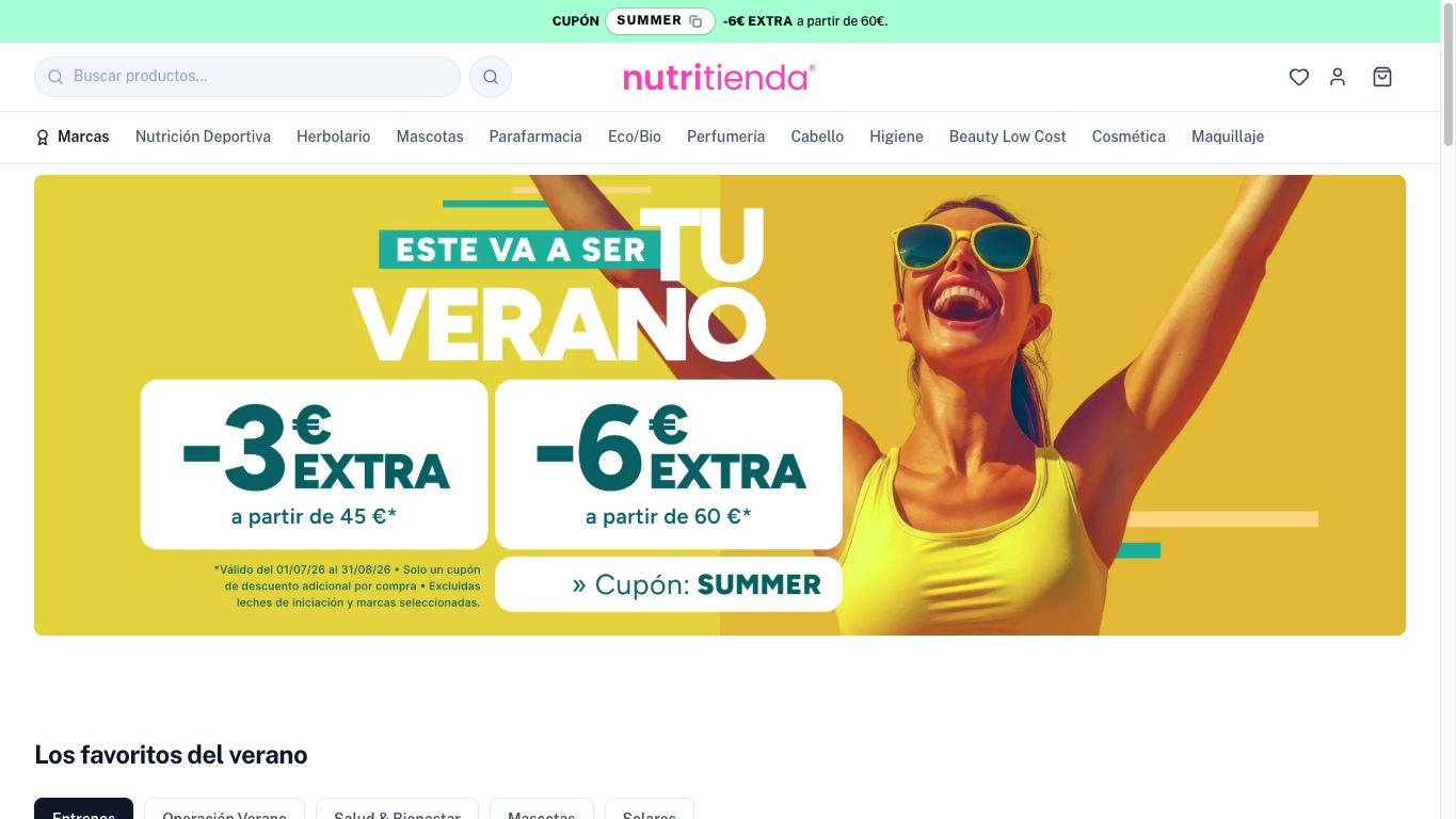 Captura de pantalla de la home de Nutritienda
