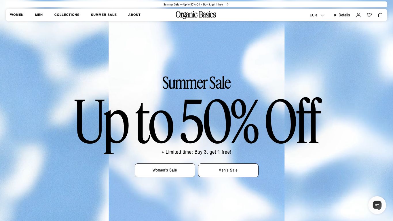Captura real de la home de Organic Basics