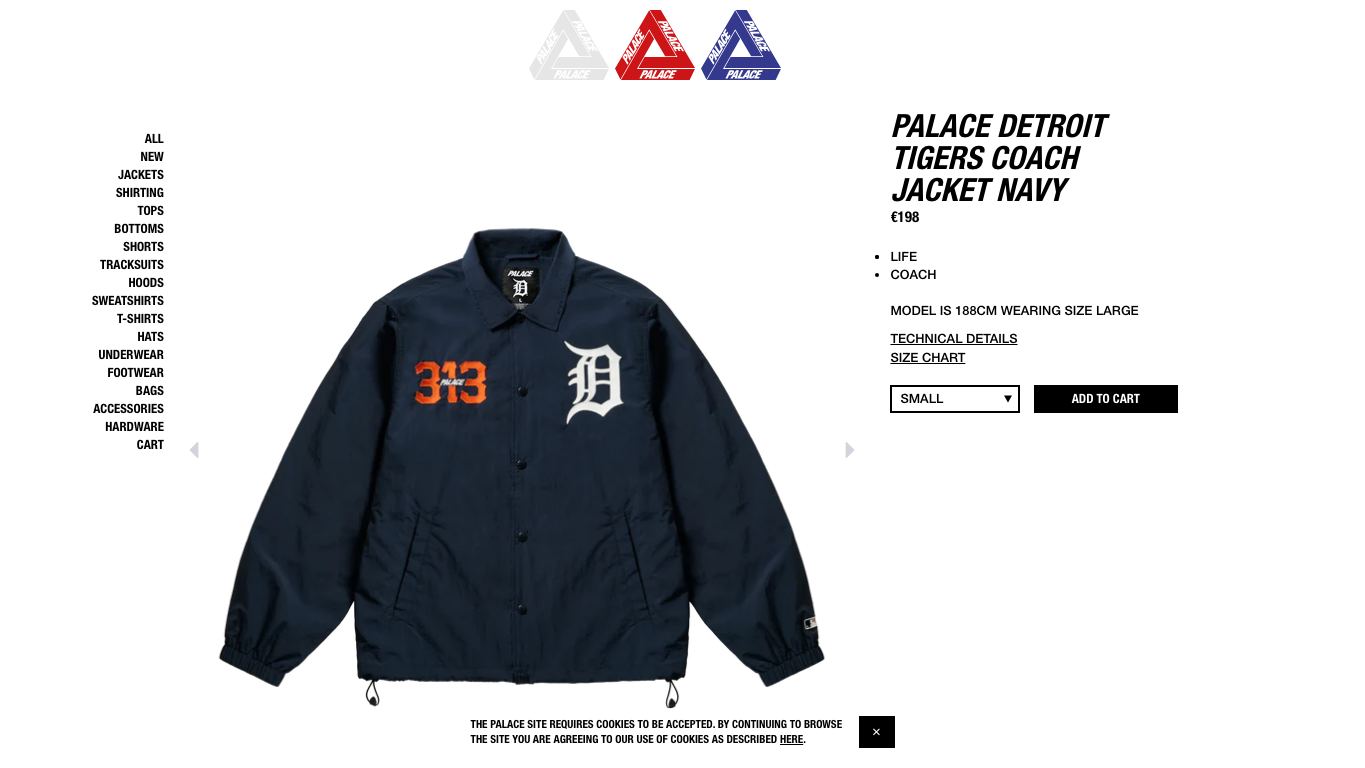Captura real de una ficha de producto de Palace Skateboards
