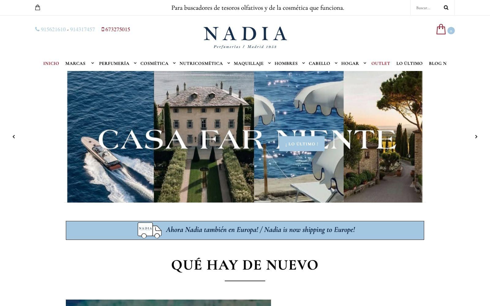 Captura de pantalla de la home de Perfumería Nadia
