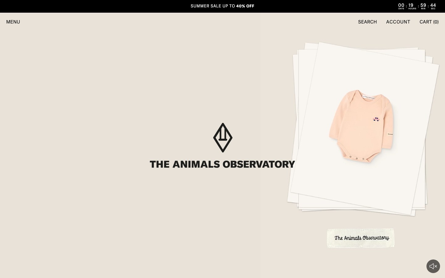 Parte superior limpia de la home oficial de The Animals Observatory con catálogo infantil.