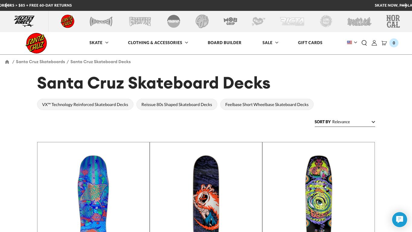 Captura real de la home de Santa Cruz Skateboards