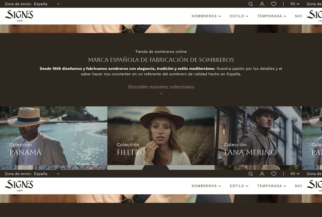 Zona intermedia del catálogo online de Signes Hats