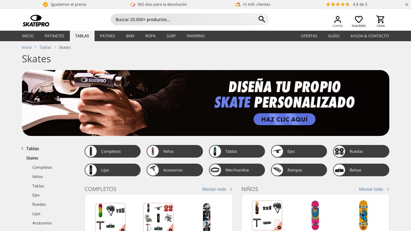 Captura real de la home de SkatePro