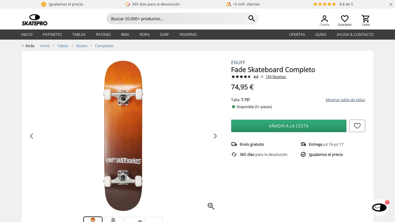 Captura real de una ficha de producto de SkatePro