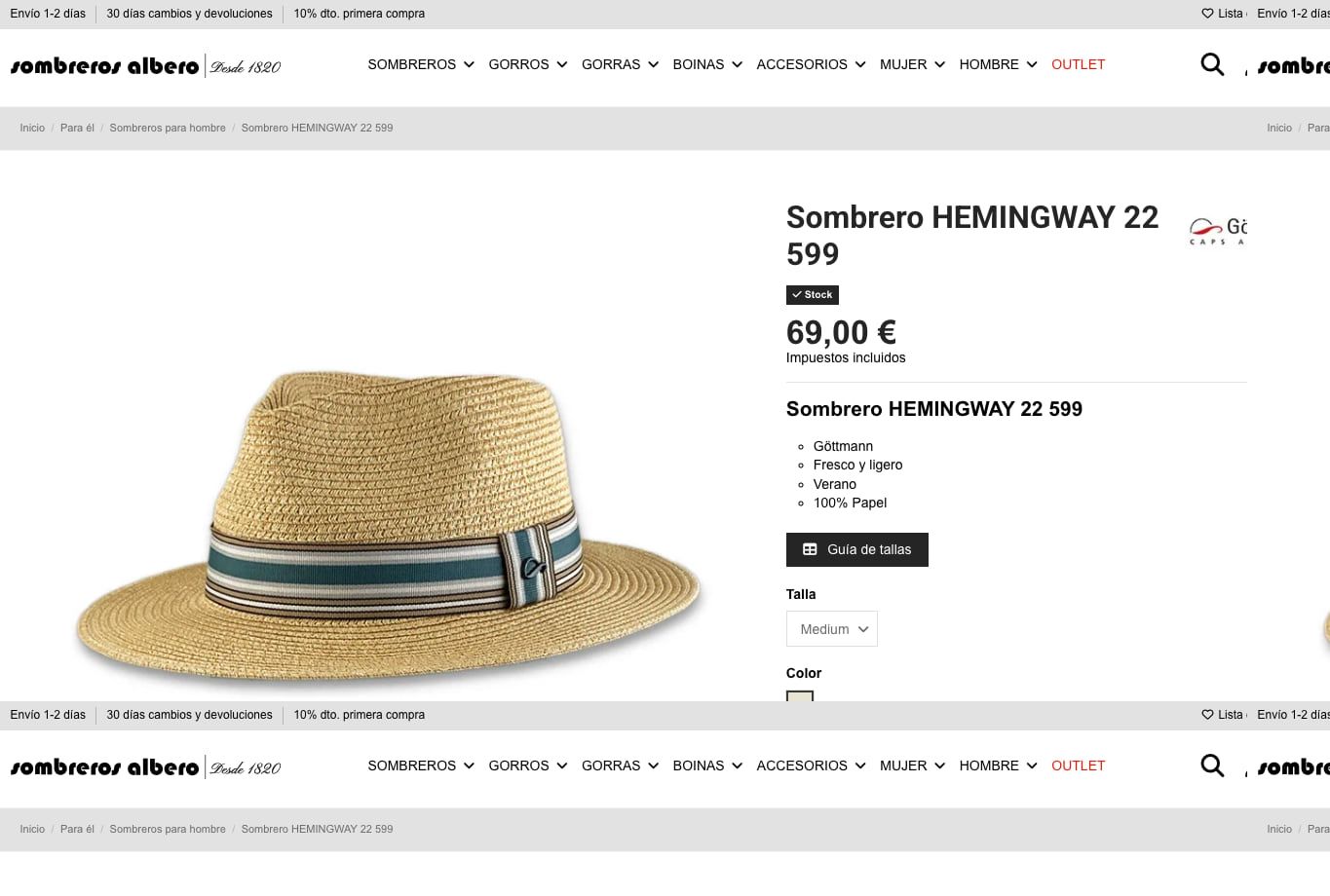 Página de una referencia oficial de Sombreros Albero