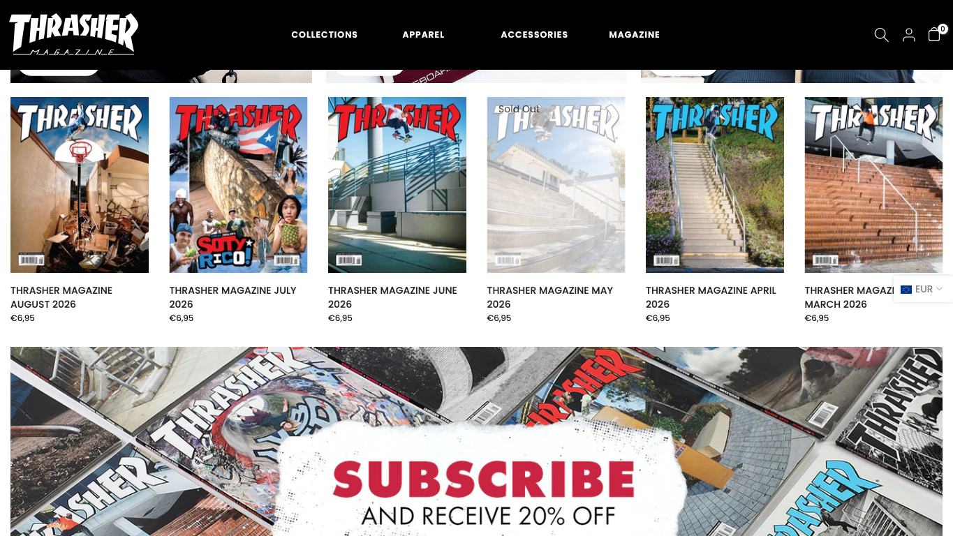 Captura real de la zona media de la home de Thrasher