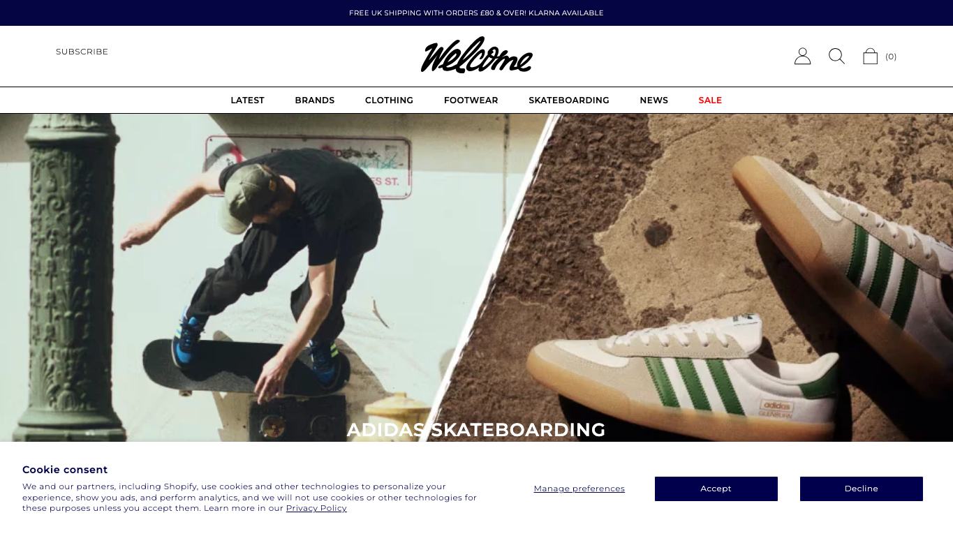 Captura real de la home de Welcome Skate Store