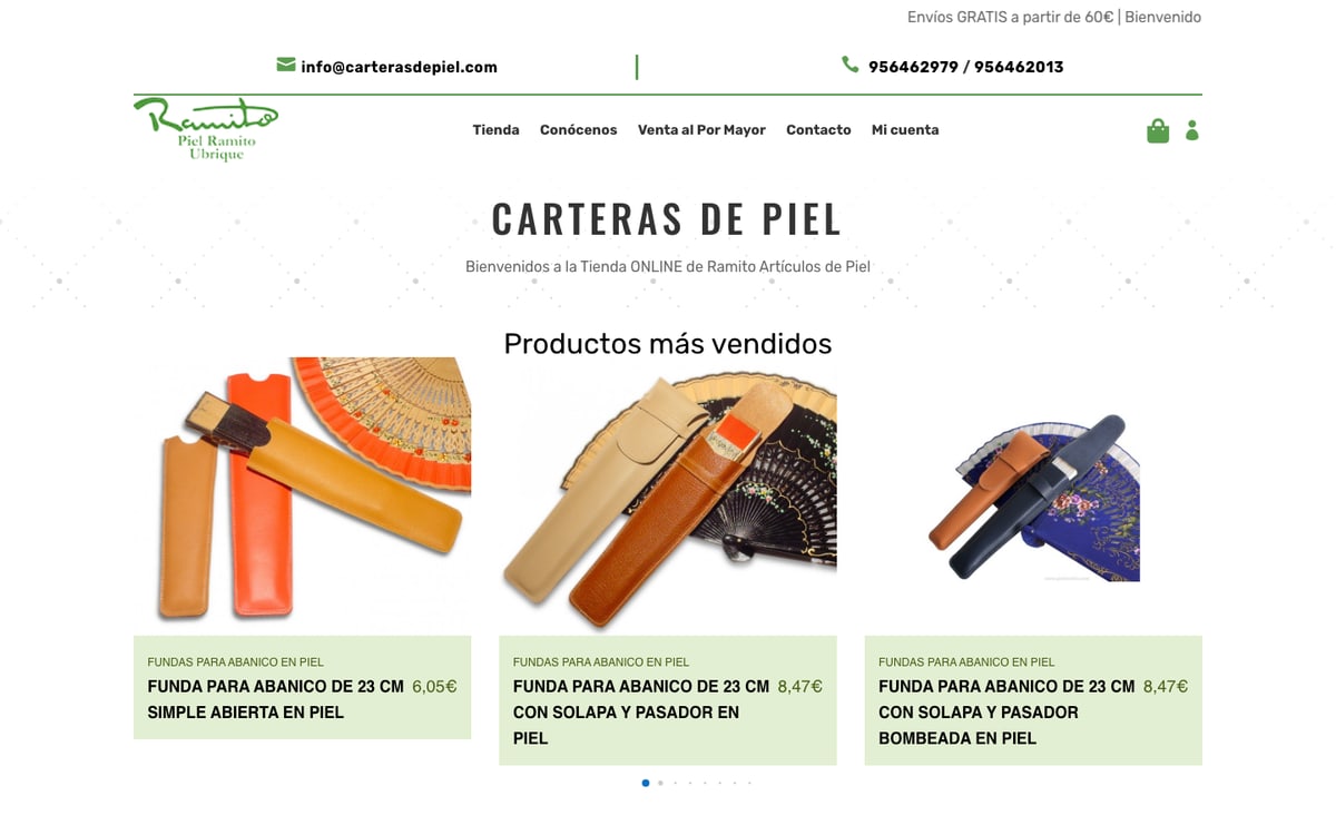 Captura de pantalla de la home de Carteras de Piel